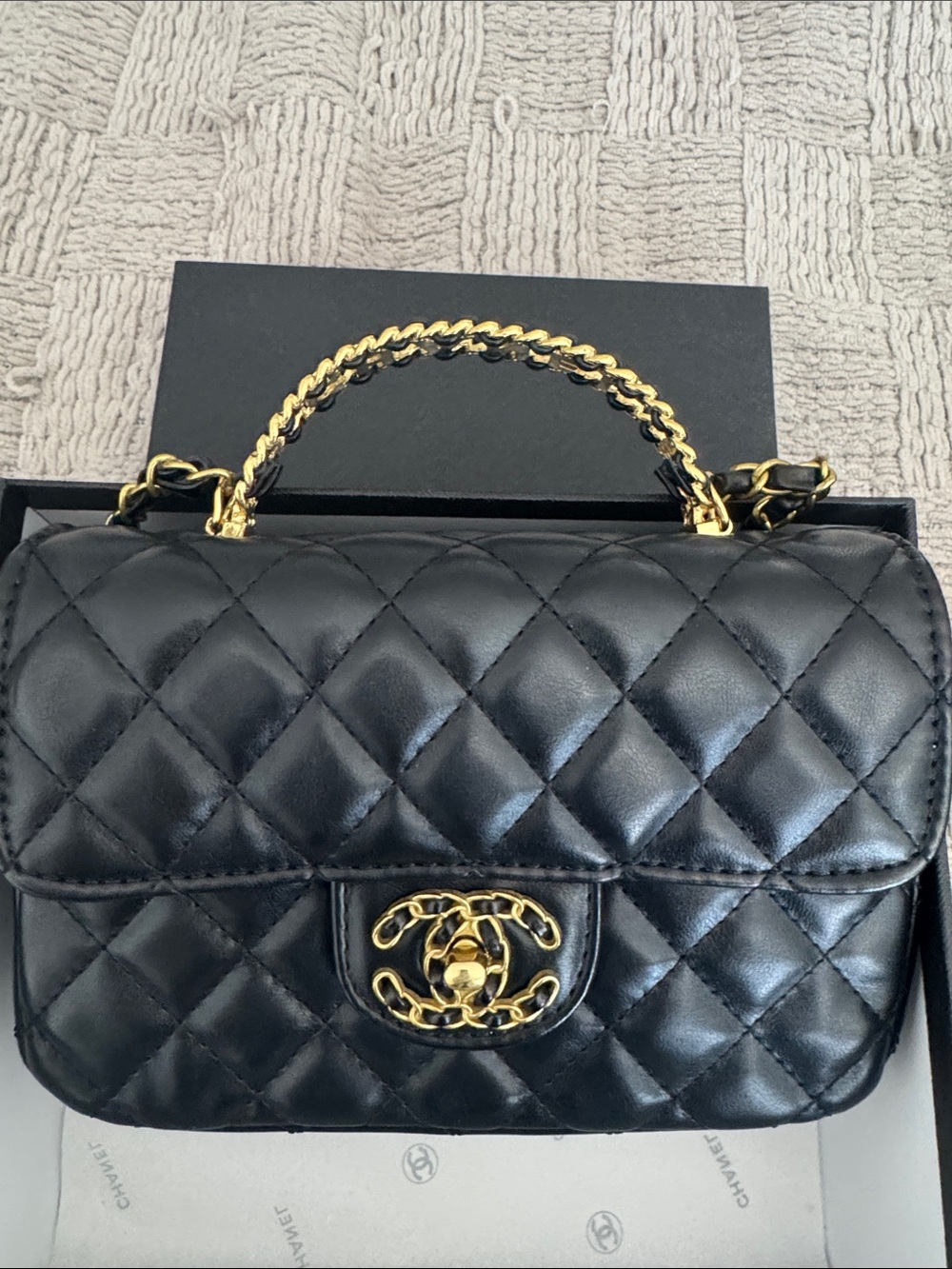 GWP Black Quilted Leather Top-Handle Bag with Gold Chain Accent